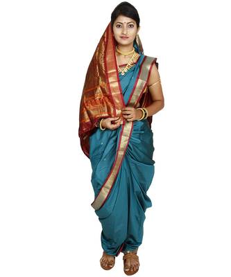 Green Plain Cotton Silk Nauvari Saree 1