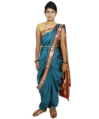 Green Plain Cotton Silk Nauvari Saree 4