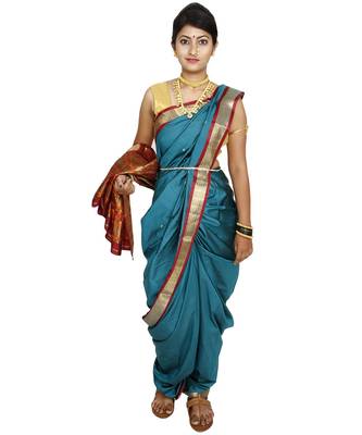 Green Plain Cotton Silk Nauvari Saree 5