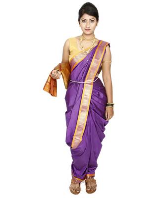 Purple Plain Cotton Silk Nauvari Saree 5