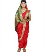 Red plain art silk chanderi nauvari saree