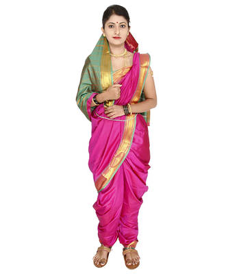 Pink Plain Art Silk Chanderi Nauvari Saree 1