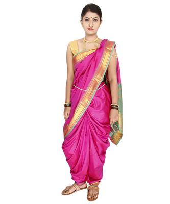 Pink Plain Art Silk Chanderi Nauvari Saree 4