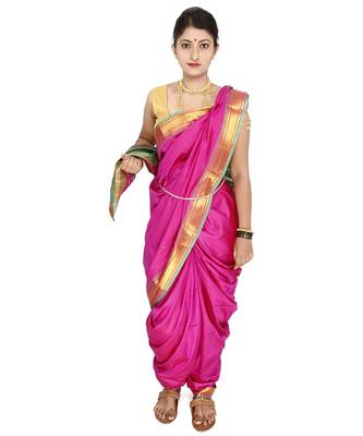 Pink Plain Art Silk Chanderi Nauvari Saree 5