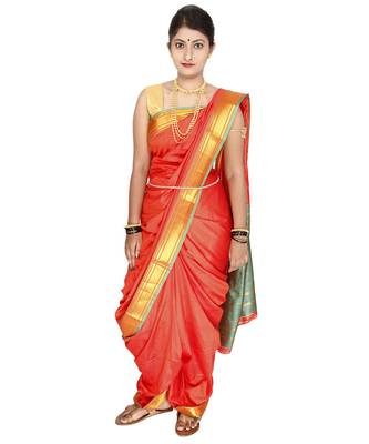 Orange Plain Art Silk Chanderi Nauvari Saree 4