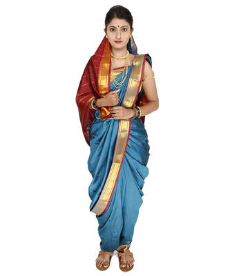 Blue Plain Art Silk Chanderi Nauvari Saree 1