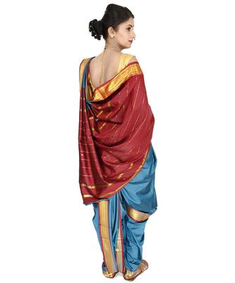 Blue Plain Art Silk Chanderi Nauvari Saree 2