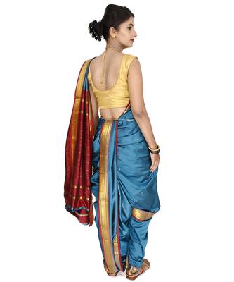 Blue Plain Art Silk Chanderi Nauvari Saree 3
