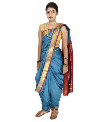 Blue Plain Art Silk Chanderi Nauvari Saree 4