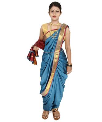 Blue Plain Art Silk Chanderi Nauvari Saree 5