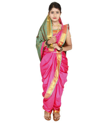 Pink Plain Art Silk Chanderi Nauvari Saree 1