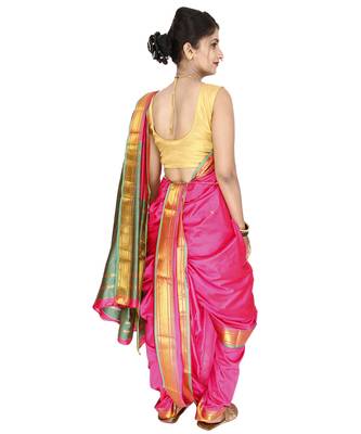 Pink Plain Art Silk Chanderi Nauvari Saree 3
