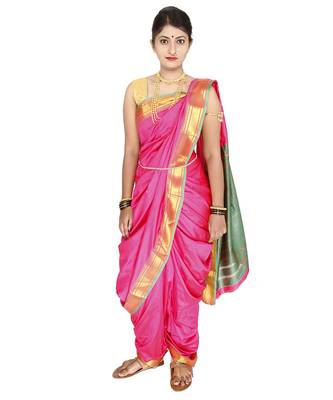 Pink Plain Art Silk Chanderi Nauvari Saree 4