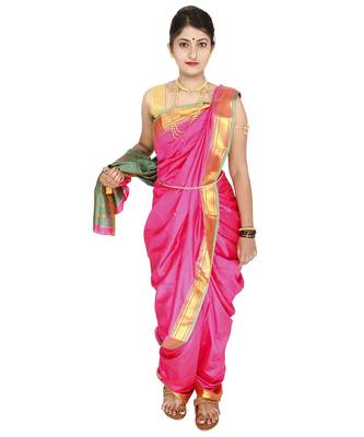 Pink Plain Art Silk Chanderi Nauvari Saree 5