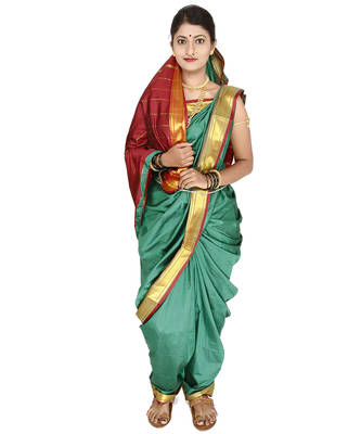 Sea Green Plain Cotton Silk Nauvari Saree 1