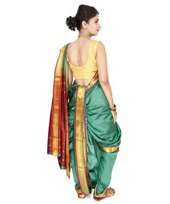 Sea Green Plain Cotton Silk Nauvari Saree 3