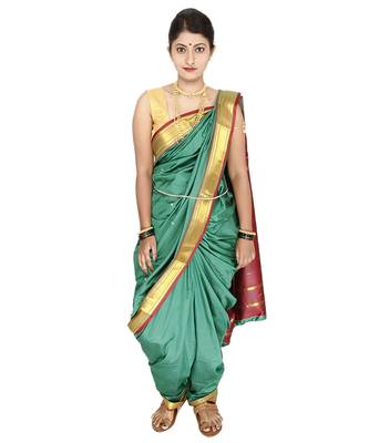 Sea Green Plain Cotton Silk Nauvari Saree 4