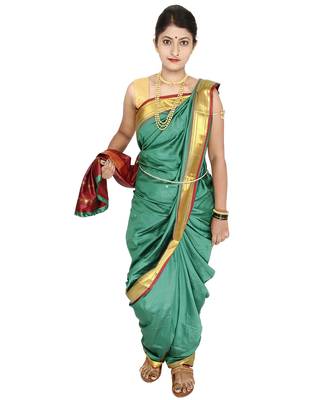 Sea Green Plain Cotton Silk Nauvari Saree 5