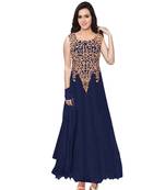 Blue net embroidered semi stitiched gown with dupatta