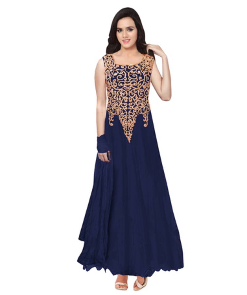 Blue net embroidered semi stitiched gown with dupatta