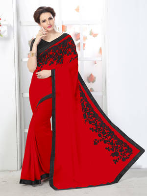 red embroidered georgette saree with blouse 1