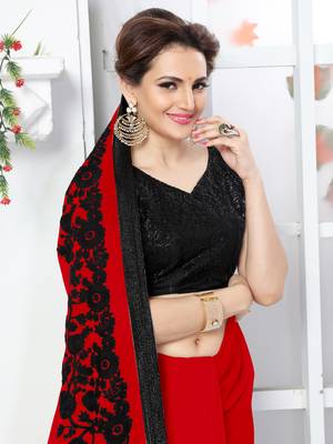 red embroidered georgette saree with blouse 2