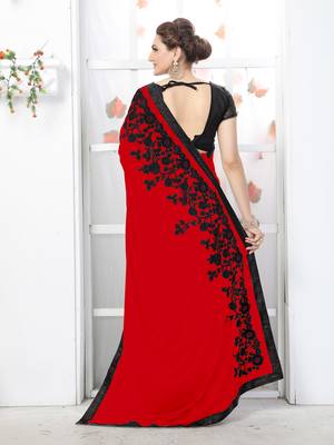 red embroidered georgette saree with blouse 3