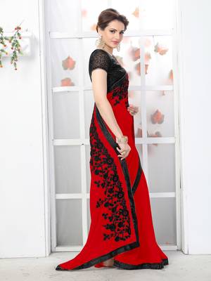 red embroidered georgette saree with blouse 5