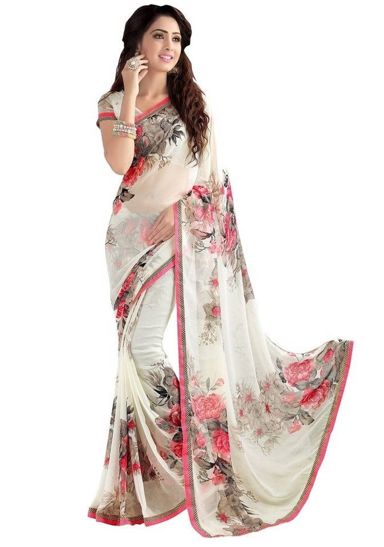 white printed georgette saree With Blouse