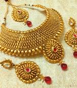 Royal Rani Pink Gold Plated Bridal Choker Necklace Set With Maang Tikka