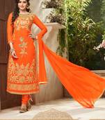 Orange embroidered georgette unstitched salwar with dupatta