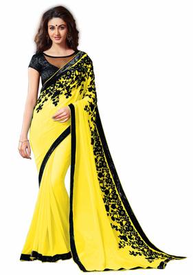 yellow printed georgette saree With Blouse 1