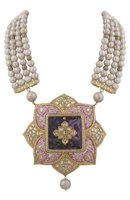 Pink Lotus Meenakari And Pearls Necklace Set 1