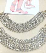 Silver Tone Crystal Broad Anklets Payal Pair