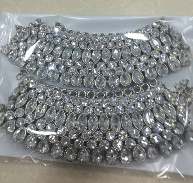 Silver Tone Crystal Broad Anklets Payal Pair