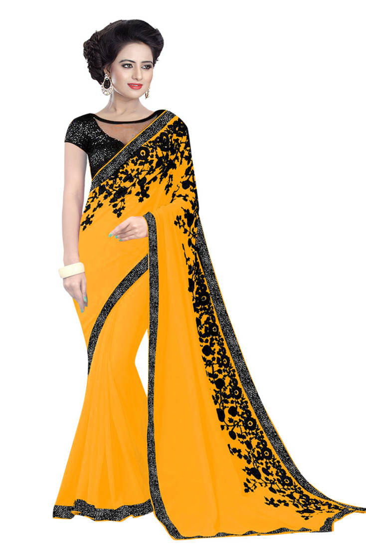 yellow embroidered georgette saree With Blouse