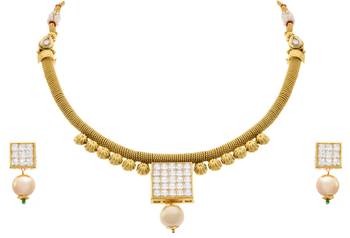JFL - Traditional Ethnic One Gram Gold Plated Cz American Diamond Kundan Pearl Designer Necklace Set 1