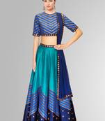 Blue raw silk plain unstitched lehenga choli