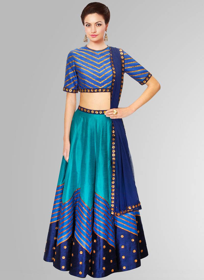 Blue raw silk plain unstitched lehenga choli