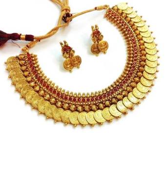 Traditional temple red coin necklace set 1