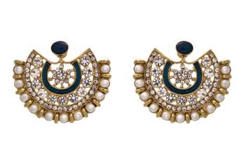 JFL - Fusion Ethnic One Gram Gold Plated Austrian Diamond Pearl Blue Meenakari Designer Moon Earring 1