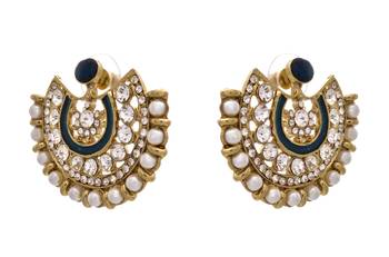JFL - Fusion Ethnic One Gram Gold Plated Austrian Diamond Pearl Blue Meenakari Designer Moon Earring 2