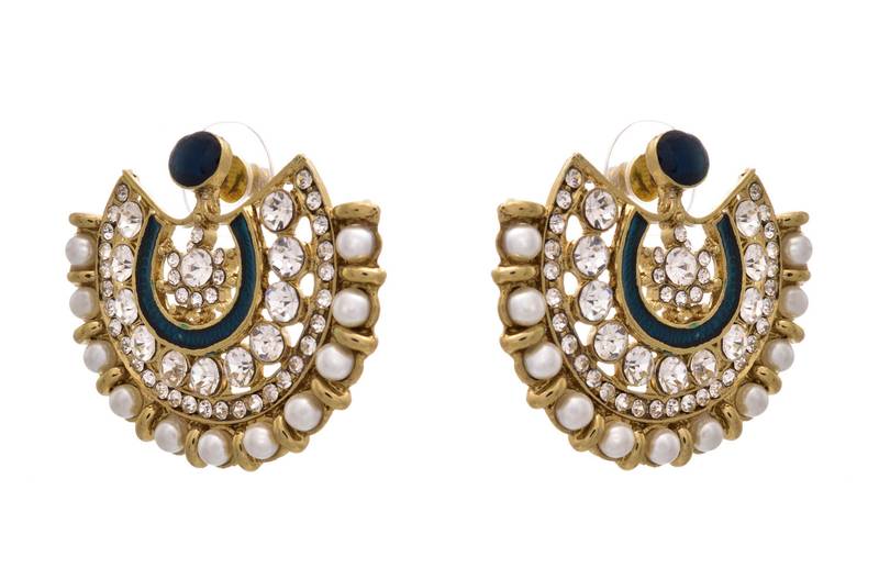 JFL - Fusion Ethnic One Gram Gold Plated Austrian Diamond Pearl Blue Meenakari Designer Moon Earring