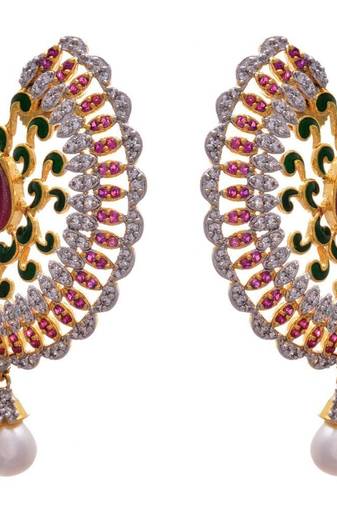 JFL - Dazzling Peacock Designer Green Cz Diamond & Pearl Dangler Earring