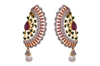 JFL - Dazzling Peacock Designer Green Cz Diamond & Pearl Dangler Earring 1