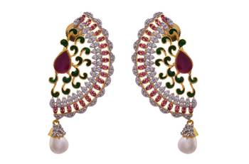 JFL - Dazzling Peacock Designer Green Cz Diamond & Pearl Dangler Earring 2
