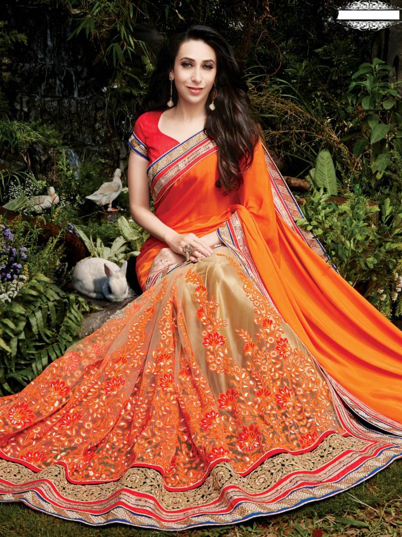 orange embroidered georgette saree With Blouse
