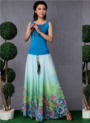 White and Red Faux Georgette long Skirt 1
