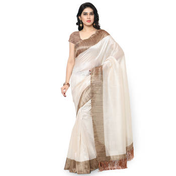 Off White Plain Art Silk Saree With Blouse 1