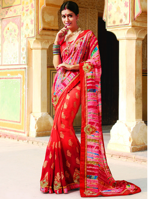 Red embroidered Lehariya saree With 